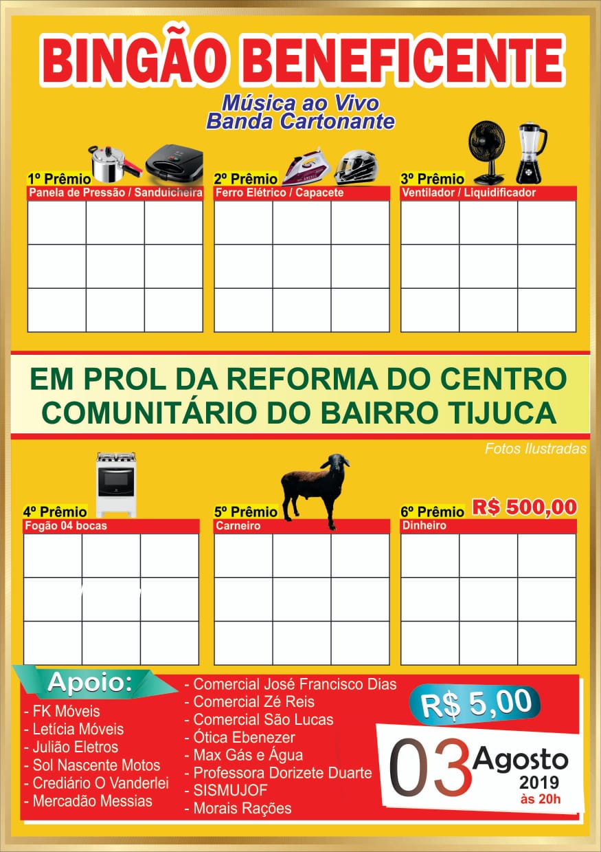 Bingão Beneficente em prol da Reforma do Centro Comunitário do Bairro Tijuca.