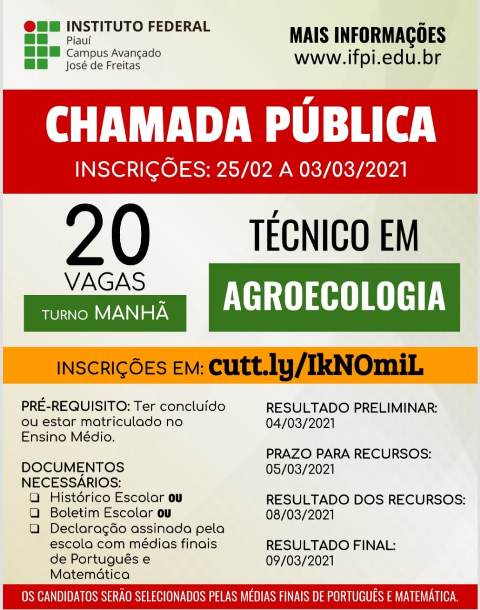 IFPI DIVULGA CHAMADA PÚBLICA 2021/1