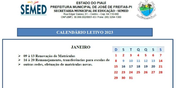 Secretaria de Educação de José de Freitas Lança Calendário Letivo Escolar 2023